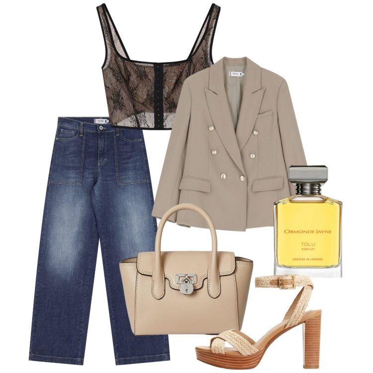 Outfit donna - Tacchi a giugno. Stile Casual chic per Tutti i giorni. Abbinamento con profumi, jeans, blazer, top, borse a mano, sandali.