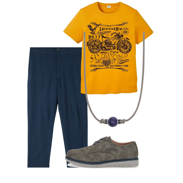 Outfit uomo - Giugno. Stile Casual per Tutti i giorni. Abbinamento con t-shirt, pantaloni, collane, scarpe stringate.