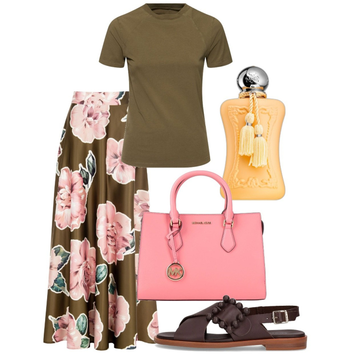 Outfit donna - Giugno. Stile Romantica per Tutti i giorni. Abbinamento con borse a mano, profumi, gonne, sandali, t-shirt.
