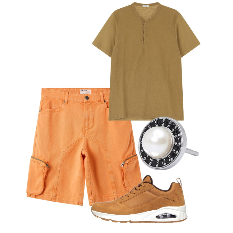 Outfit uomo - Giugno. Stile Casual per Tutti i giorni. Abbinamento con pantaloni corti, orecchini, camicie, sneakers.