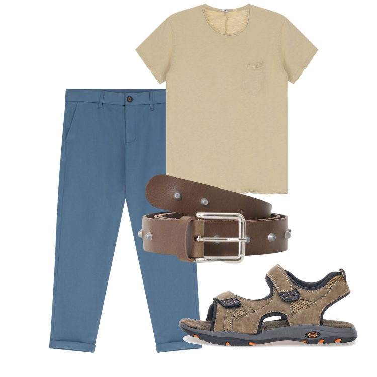 Outfit uomo - Giugno. Stile Casual per Tutti i giorni. Abbinamento con cinture, pantaloni chino, t-shirt, sandali.