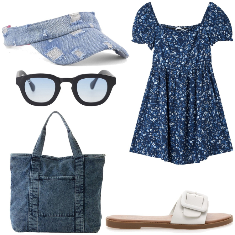 Outfit donna - Mini abito per la spiaggia. Stile Basic per Mare. Abbinamento con shopping bag, vestiti corti, occhiali da sole, cappelli con visiera, ciabatte.