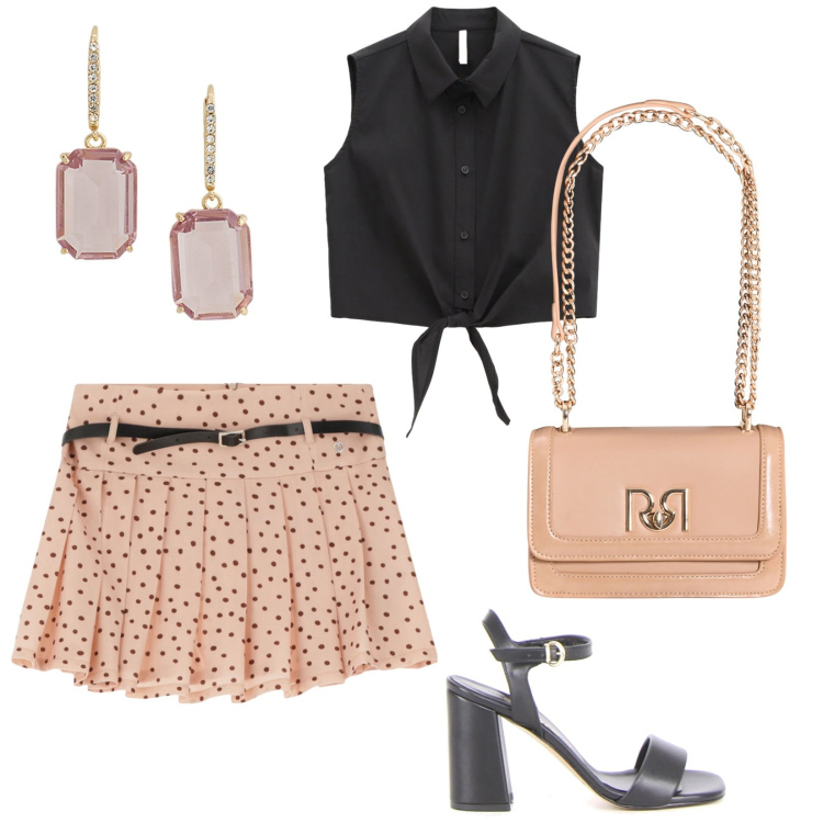 Outfit donna - I pois che fanno retrò. Stile Bon Ton per Tutti i giorni. Abbinamento con borse a tracolla, minigonne, camicie, orecchini, sandali col tacco.