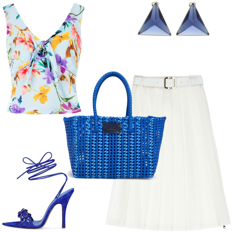 Outfit donna - Estate a colori!. Stile Chic per Serata fuori. Abbinamento con orecchini, gonne longuette, top, shopping bag, sandali in pelle.