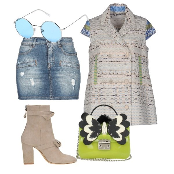 Outfit donna - Trendy #30056. Stile Trendy per Tutti i giorni. Abbinamento con giacca, gonna delavé con zip in denim tinta unita, occhiali da sole lenti colorate in montatura in metallo, borsa a mano verde, stivali effetto scamosciato con tacco squadrato e zip.