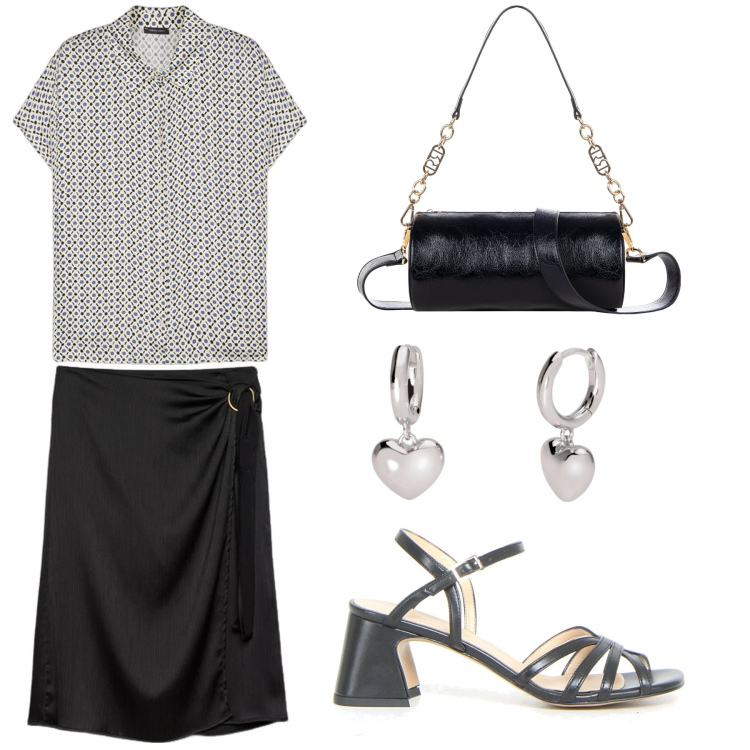 Outfit donna - Micro pois sulla camicia. Stile Basic per Ufficio. Abbinamento con orecchini, borse a mano, camicie a manica corta, gonne longuette, sandali col tacco.