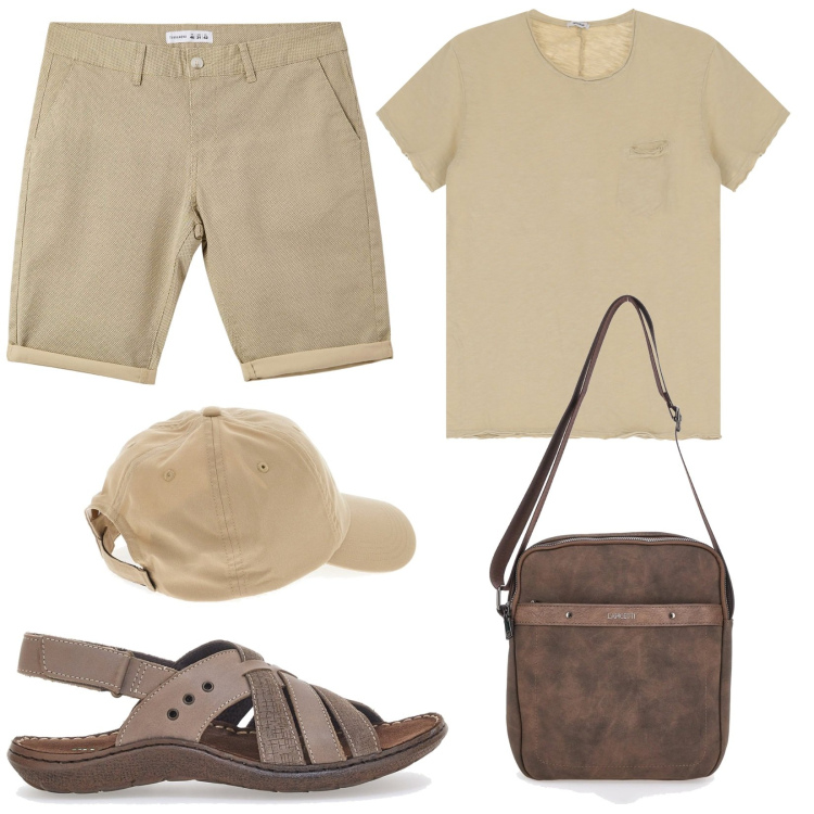 Outfit uomo - Colori sabbia. Stile Urban per Tutti i giorni. Abbinamento con pantaloni corti, t-shirt, portafogli, cappelli, sandali.