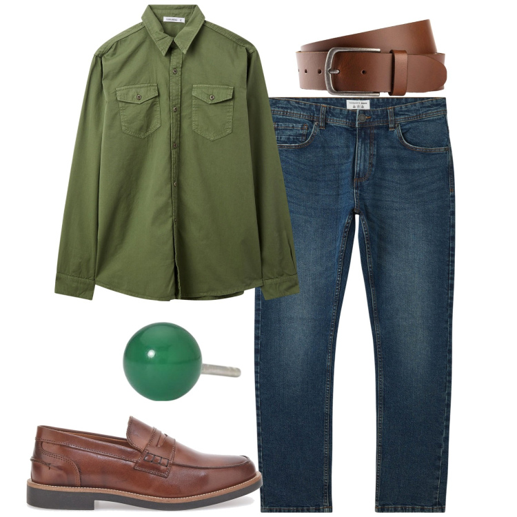 Outfit uomo - City. Stile Trendy per Serata speciale. Abbinamento con cinture, jeans, camicie, orecchini, scarpe stringate.