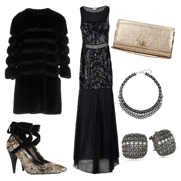 Outfit donna - Un sogno di paillettes e tulle. Stile Chic per Serata fuori. Abbinamento con vestito lungo con paillettes collo tondo senza maniche con zip in tulle tinta unita, pelliccia eco, décolleté con paillettes a punta in velluto tinta unita, pochette con logo frontale oro, orecchini, collana.