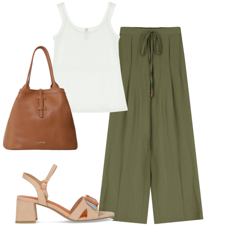 Outfit donna - City. Stile Casual chic per Tutti i giorni. Abbinamento con canottiere, borse tote, pantaloni, sandali col tacco.