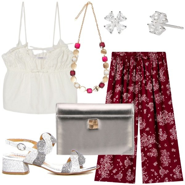 Outfit donna - Coordinati leggeri e chic Curvy. Stile Chic per Tutti i giorni. Abbinamento con pantaloni a palazzo, canottiere, orecchini, borse a tracolla, collane, sandali col tacco.
