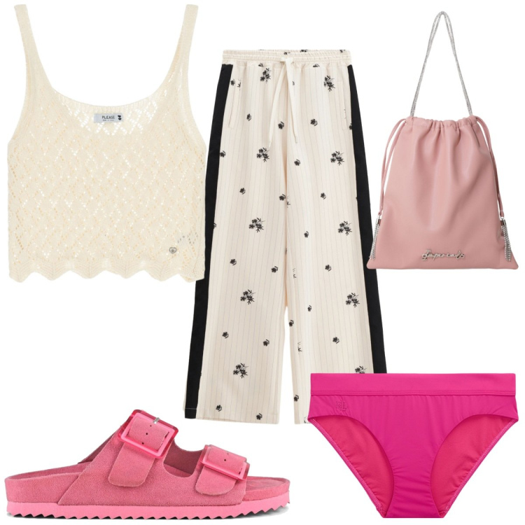 Outfit donna - Please- l\'estate è trendy. Stile Trendy per Mare. Abbinamento con pantaloni, top, borse a secchiello, bikini, sandali.