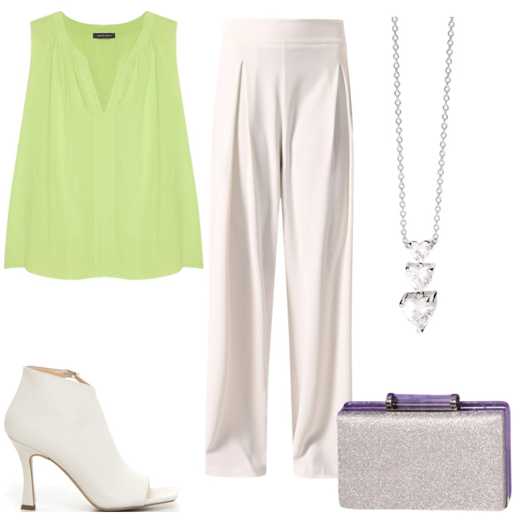 Outfit donna - Coordinati leggeri e chic. Stile Chic per Cerimonia. Abbinamento con collane, pochette, pantaloni a palazzo, top, sandali col tacco.