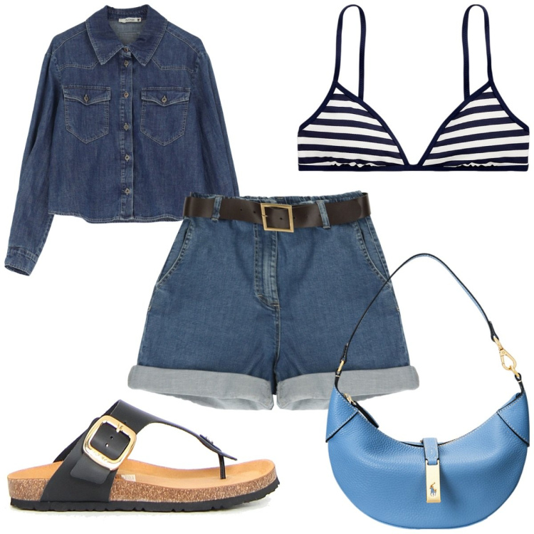 Outfit donna - Please - estate in jeans. Stile Trendy per Mare. Abbinamento con bermuda, camicie, borse a spalla, bikini, infradito.