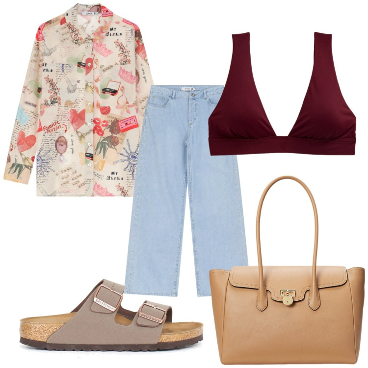 Outfit donna - Please - estate casual. Stile Casual per Mare. Abbinamento con jeans, camicie, borse a mano, bikini, ciabatte.