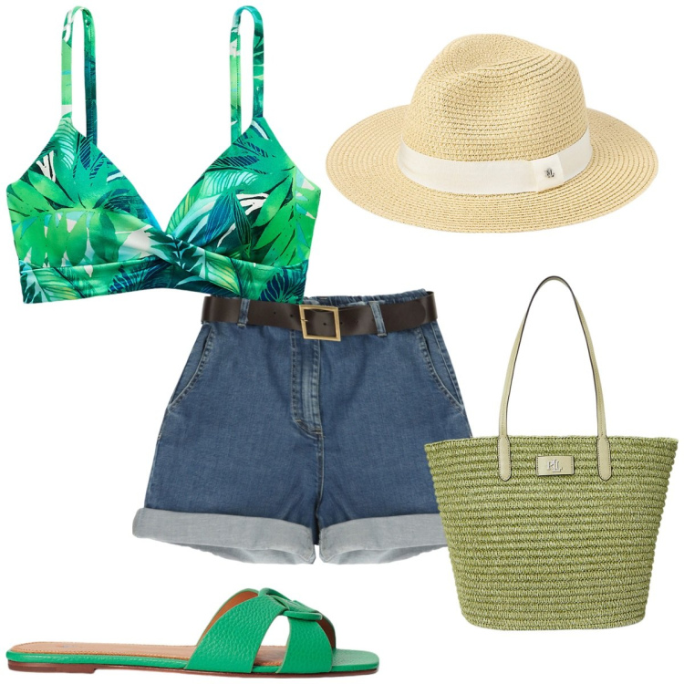 Outfit donna - Please: estate al mare. Stile Trendy per Mare. Abbinamento con bermuda, bikini, borse tote, cappelli, ciabatte.