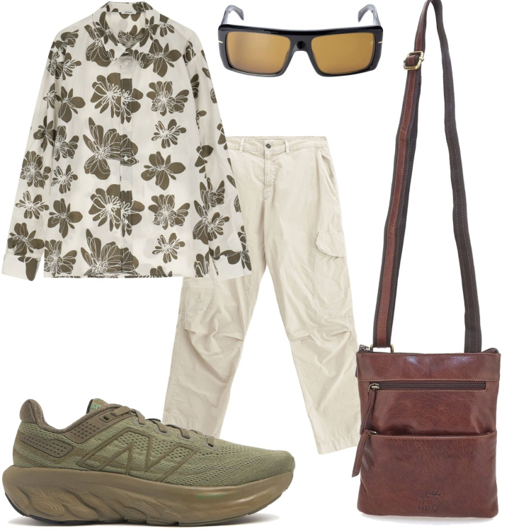 Outfit uomo - Passeggiata in città. Stile Urban per Tutti i giorni. Abbinamento con camicie, pantaloni cargo, portafogli, occhiali da sole, sneakers.