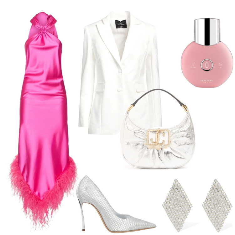 Outfit donna - Vestito longuette rosa. Stile Glamour per Cerimonia. Abbinamento con décolleté, blazer, blush, vestiti midi/longuette, orecchini, borse a mano.