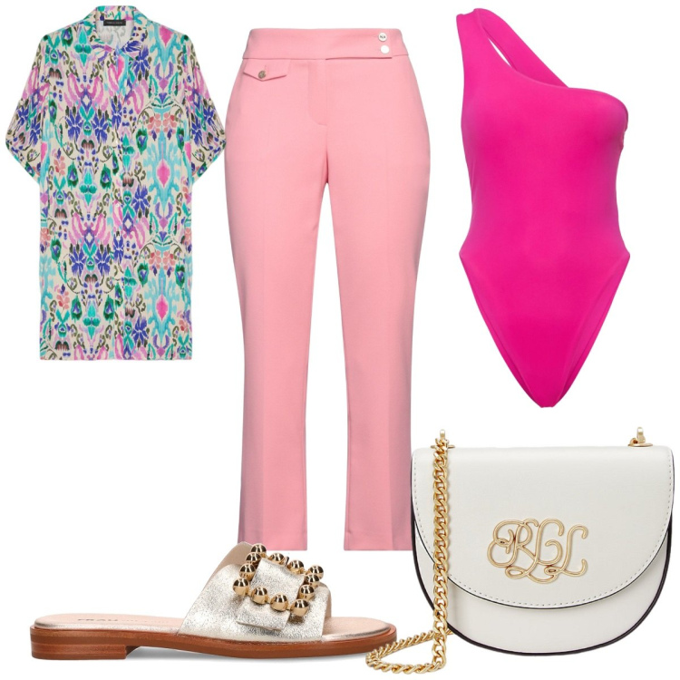 Outfit donna - Total look #2181854. Stile Trendy per Mare. Abbinamento con pantaloni, borse a tracolla, camicie, costumi interi, ciabatte.
