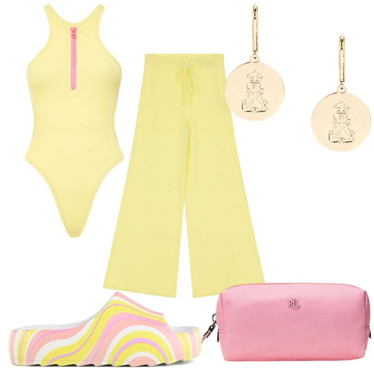 Outfit donna - Total look #2181855. Stile Trendy per Mare. Abbinamento con pantaloni, orecchini, pochette, ciabatte, costumi interi.