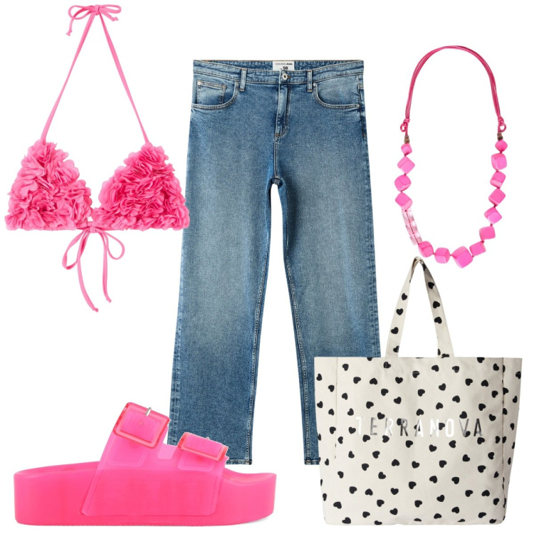 Outfit donna - Total look #2181858. Stile Trendy per Mare. Abbinamento con bikini, jeans dritti, borse tote, sandali, collane.