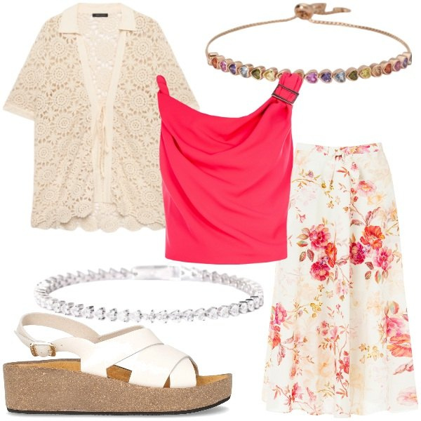 Outfit donna - Curvy Coordinati leggeri e chic. Stile Glamour per Cerimonia. Abbinamento con braccialetti, braccialetti, top, gonne longuette, camicie a manica corta, sandali.