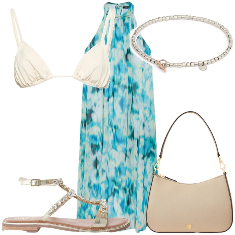 Outfit donna - Total look #2181860. Stile Glamour per Mare. Abbinamento con sandali, borse a spalla, vestiti lunghi, braccialetti, bikini.