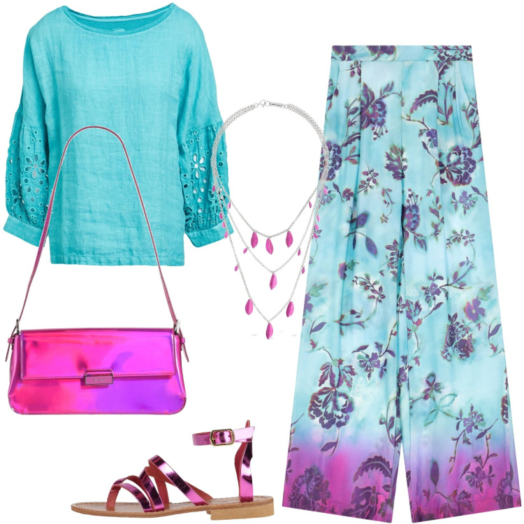 Outfit donna - Estate a colori!. Stile Etnico per Serata fuori. Abbinamento con top, infradito, borse a spalla, pantaloni, collane.