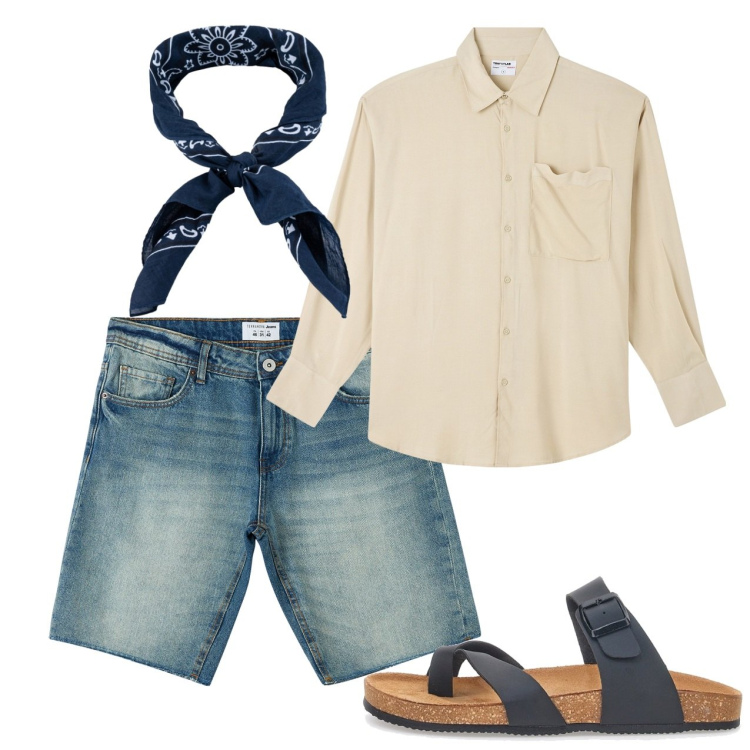 Outfit uomo - Casual giugno. Stile Casual per Tutti i giorni. Abbinamento con camicie, bermuda, sciarpe e foulard, sandali.