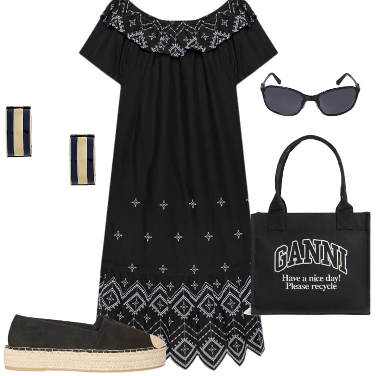 Outfit donna - In città. Stile Casual chic per Tutti i giorni. Abbinamento con espadrillas, orecchini, vestiti lunghi, occhiali da sole, shopping bag.