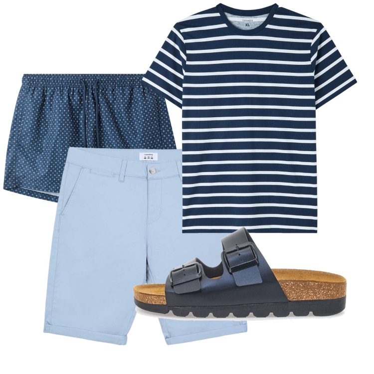 Outfit uomo - Mare. Stile Casual per Tutti i giorni. Abbinamento con t-shirt, bermuda, costumi, sandali.