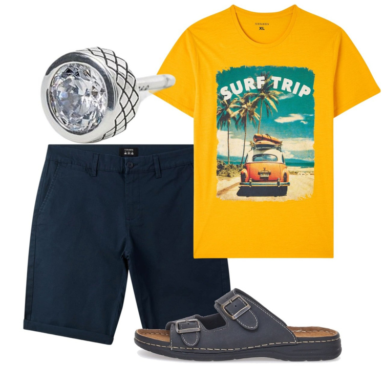 Outfit uomo - Surf. Stile Casual per Tutti i giorni. Abbinamento con bermuda, t-shirt, orecchini, sandali.