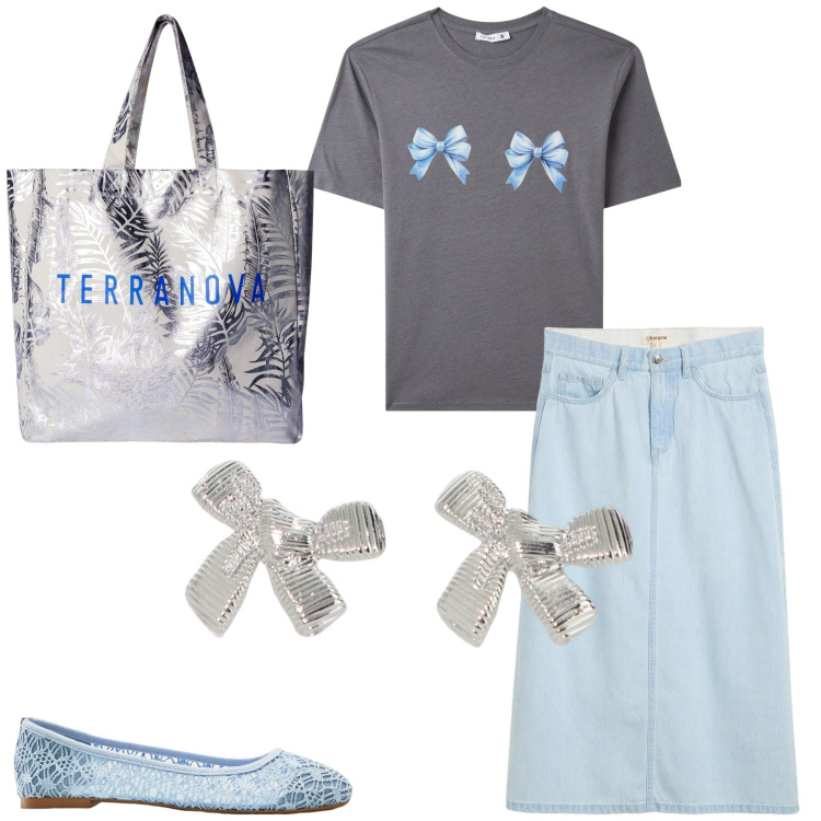 Outfit donna - Fiocchetti romantici. Stile Basic per Tutti i giorni. Abbinamento con ballerine, gonne longuette, t-shirt, borse tote, orecchini.