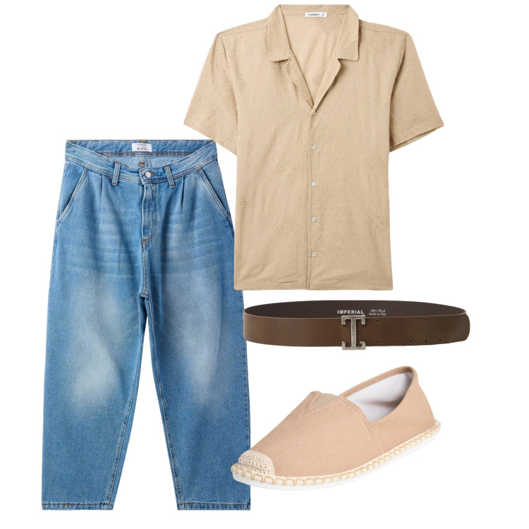 Outfit uomo - Giugno. Stile Casual per Tutti i giorni. Abbinamento con espadrillas, camicie a manica corta, jeans, cinture.