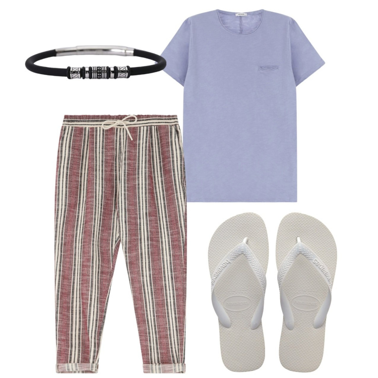 Outfit uomo - Giugno. Stile Casual per Tutti i giorni. Abbinamento con braccialetti, pantaloni, t-shirt, sandali.