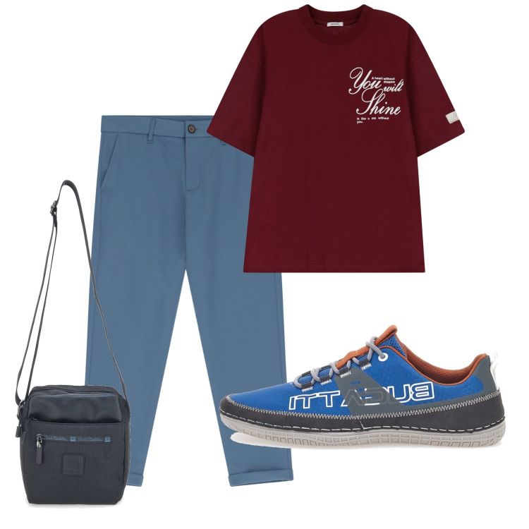 Outfit uomo - Giugno. Stile Casual per Tutti i giorni. Abbinamento con pantaloni chino, t-shirt, portafogli, scarpe stringate.