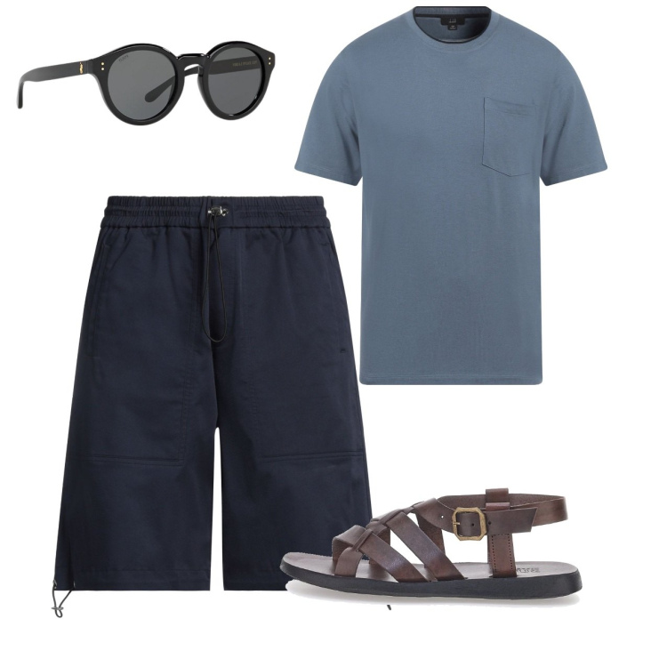 Outfit uomo - Giugno. Stile Casual per Tutti i giorni. Abbinamento con shorts, t-shirt, occhiali da sole, sandali.