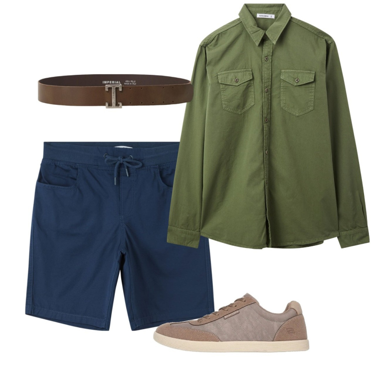 Outfit uomo - Military e blu. Stile Casual per Tutti i giorni. Abbinamento con camicie, shorts, cinture, scarpe stringate.