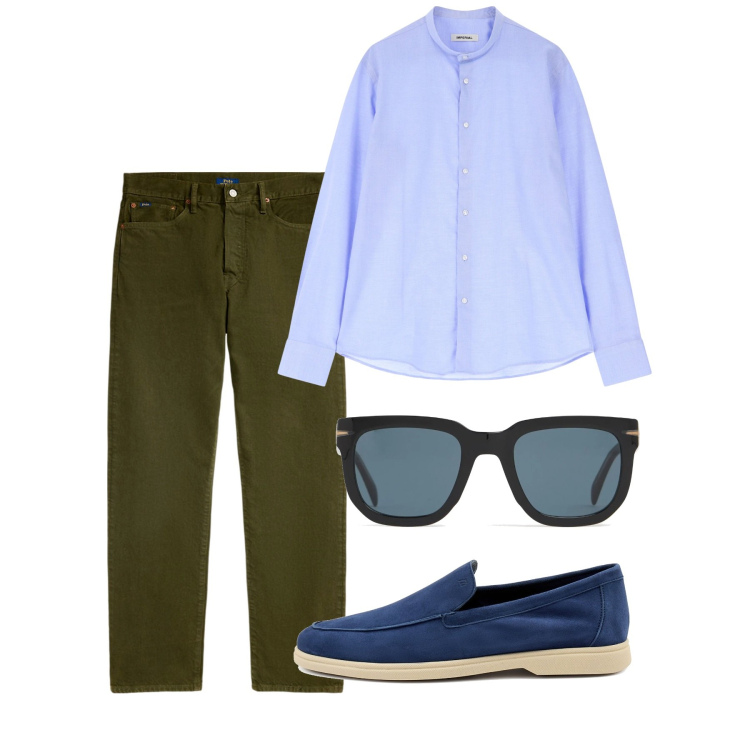 Outfit uomo - Giugno. Stile Casual per Tutti i giorni. Abbinamento con camicie, jeans dritti, occhiali da sole, scarpe stringate.