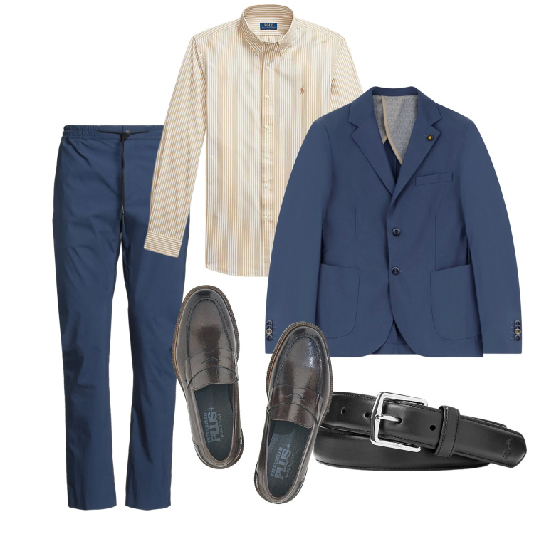 Outfit uomo - Giugno a cena. Stile Business/Elegante per Serata speciale. Abbinamento con pantaloni, giacche, cinture, camicie, scarpe stringate.