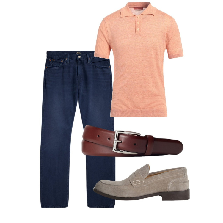 Outfit uomo - Pesca. Stile Casual per Tutti i giorni. Abbinamento con polo, scarpe stringate, cinture, jeans dritti.