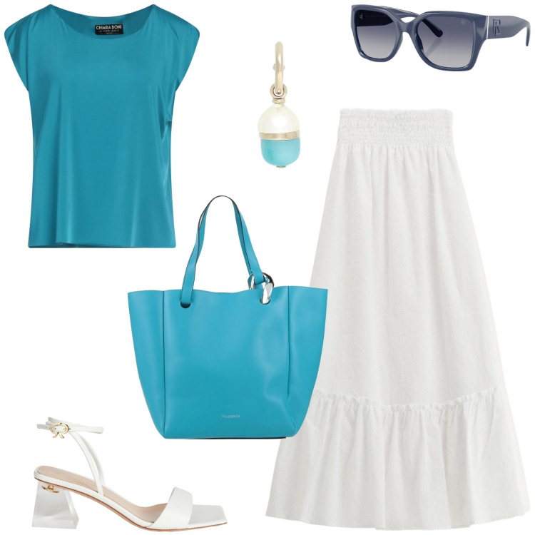 Outfit donna - Estate a colori!. Stile Romantica per Tutti i giorni. Abbinamento con top, orecchini, borse a mano, sandali in pelle, gonne lunghe, occhiali da sole.