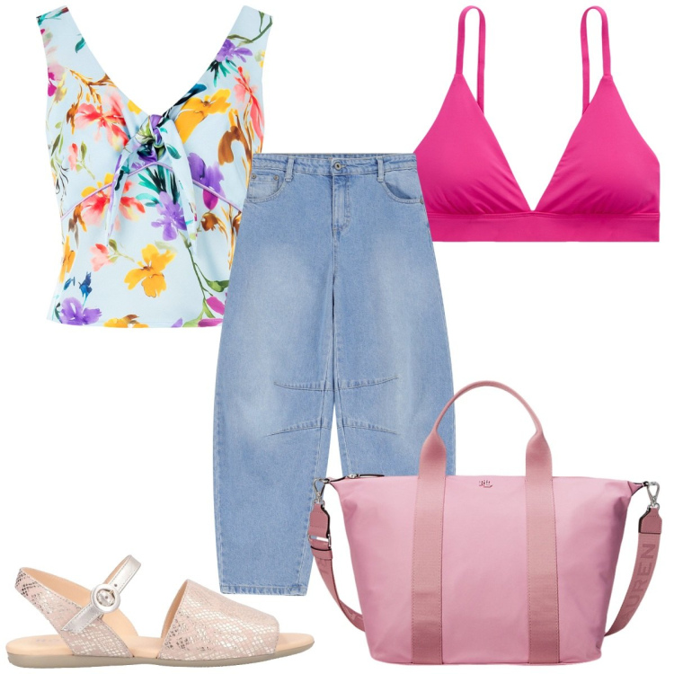 Outfit donna - Total look #2181892. Stile Trendy per Mare. Abbinamento con sandali in pelle, top, jeans, borse tote, bikini.