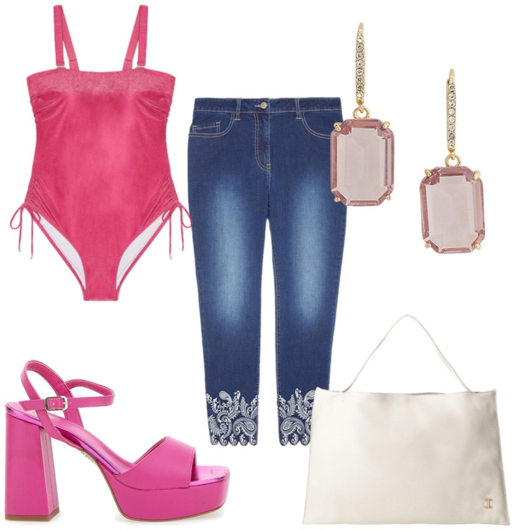 Outfit donna - Total look #2181893. Stile Casual chic per Mare. Abbinamento con borse a spalla, orecchini, jeans skinny, costumi interi, sandali col tacco.