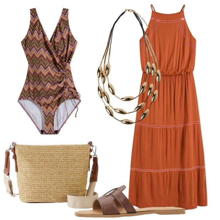 Outfit donna - Maxi dress con inserti crochet. Stile Etnico per Mare. Abbinamento con vestiti lunghi, borse a tracolla, costumi interi, ciabatte, collane.