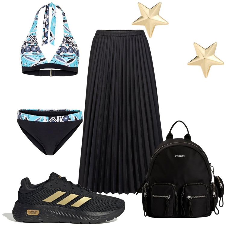 Outfit donna - Total look #2181898. Stile Sporty chic per Mare. Abbinamento con bikini, zaini, orecchini, gonne longuette, sneakers.