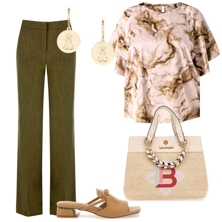 Outfit donna - Aperitivo time. per Serata fuori. Abbinamento con pantaloni a palazzo, bluse, orecchini, ciabatte, borse a mano.