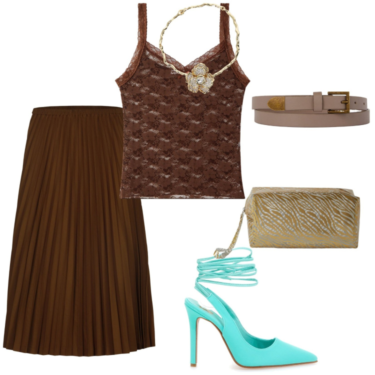 Outfit donna - Apericena. per Serata fuori. Abbinamento con magliette intime, pochette, collane, gonne longuette, cinture, décolleté.