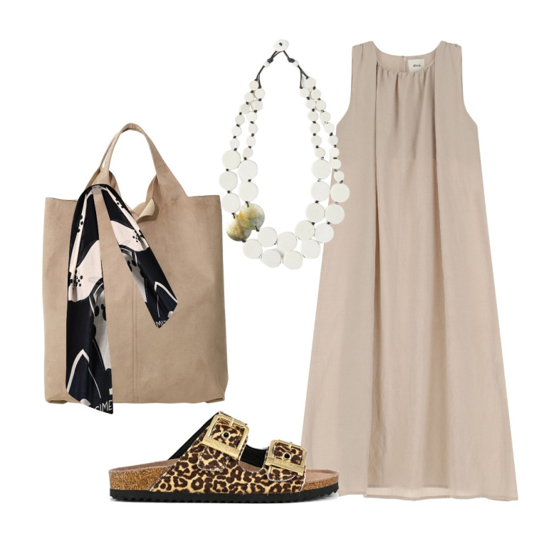 Outfit donna - Color sabbia. Stile Bon Ton per Tutti i giorni. Abbinamento con sciarpe, vestiti lunghi, shopping bag, sandali in pelle, ciondoli.