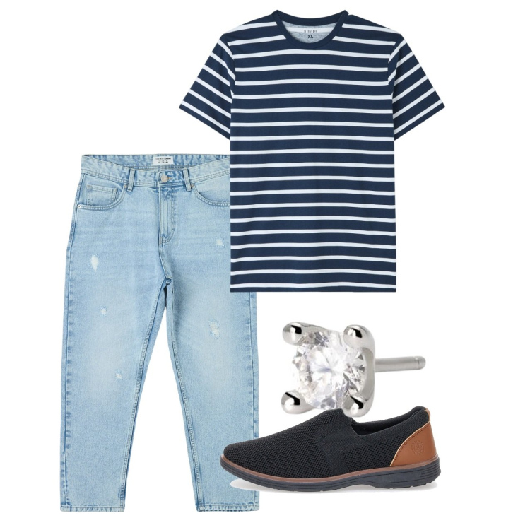 Outfit uomo - Giugno. Stile Casual per Tutti i giorni. Abbinamento con jeans strappati, t-shirt, orecchini, scarpe stringate.